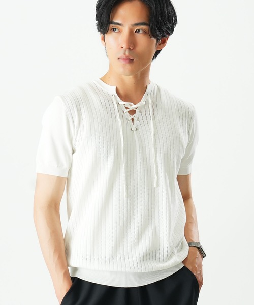 Beno(ビーノ)の「レースアップニットTEE(Tシャツ/カットソー・メンズ・ホワイト/ブラック/グレー・MEDIUM/X-LARGE/LARGE)」の2枚目の写真