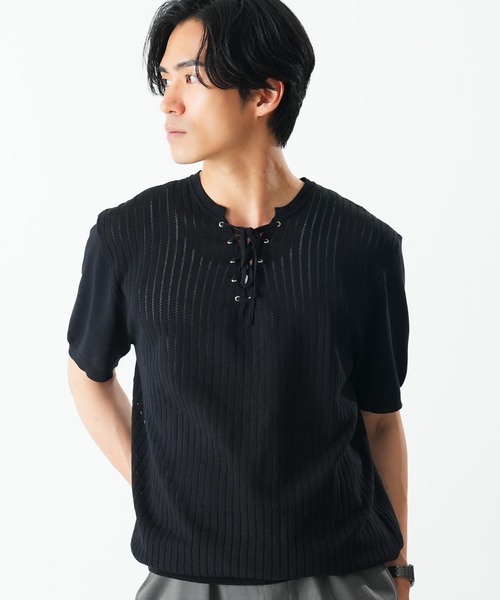 Beno(ビーノ)の「レースアップニットTEE(Tシャツ/カットソー・メンズ・ホワイト/ブラック/グレー・MEDIUM/X-LARGE/LARGE)」の1枚目の写真