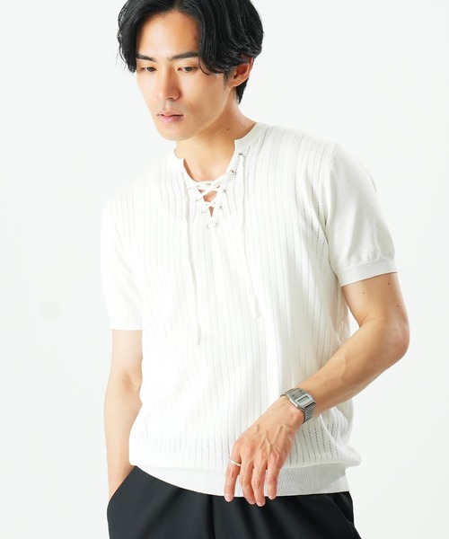 Beno(ビーノ)の「レースアップニットTEE(Tシャツ/カットソー・メンズ・ホワイト/ブラック/グレー・MEDIUM/X-LARGE/LARGE)」の7枚目の写真