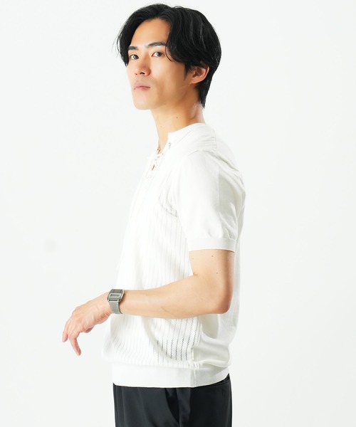 Beno(ビーノ)の「レースアップニットTEE(Tシャツ/カットソー・メンズ・ホワイト/ブラック/グレー・MEDIUM/X-LARGE/LARGE)」の6枚目の写真
