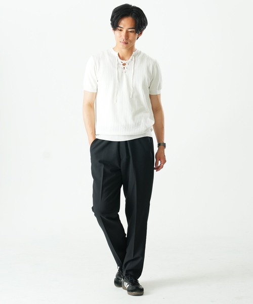 Beno(ビーノ)の「レースアップニットTEE(Tシャツ/カットソー・メンズ・ホワイト/ブラック/グレー・MEDIUM/X-LARGE/LARGE)」の5枚目の写真
