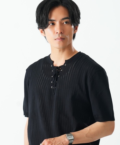 Beno(ビーノ)の「レースアップニットTEE(Tシャツ/カットソー・メンズ・ホワイト/ブラック/グレー・MEDIUM/X-LARGE/LARGE)」の19枚目の写真