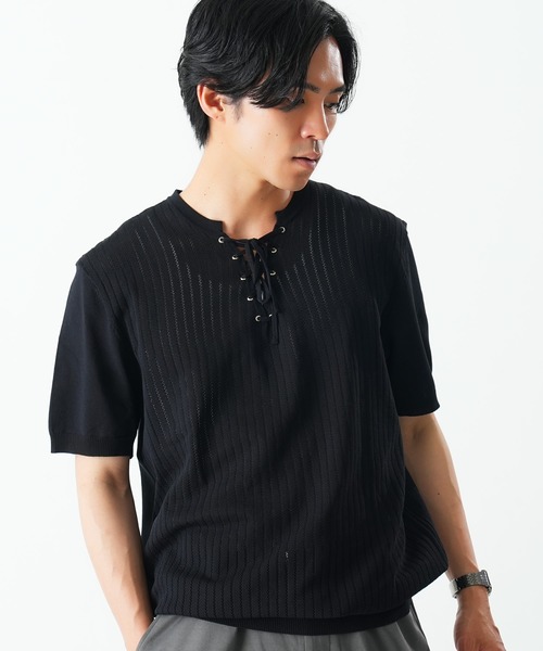 Beno(ビーノ)の「レースアップニットTEE(Tシャツ/カットソー・メンズ・ホワイト/ブラック/グレー・MEDIUM/X-LARGE/LARGE)」の18枚目の写真