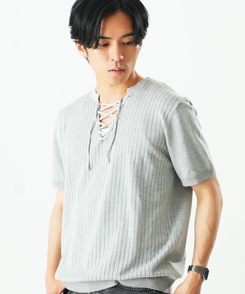 Beno(ビーノ)の「レースアップニットTEE(Tシャツ/カットソー・メンズ・ホワイト/ブラック/グレー・MEDIUM/X-LARGE/LARGE)」の15枚目の写真