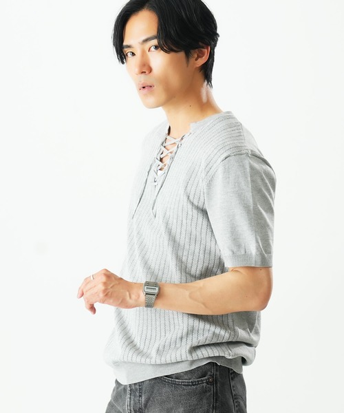Beno(ビーノ)の「レースアップニットTEE(Tシャツ/カットソー・メンズ・ホワイト/ブラック/グレー・MEDIUM/X-LARGE/LARGE)」の14枚目の写真