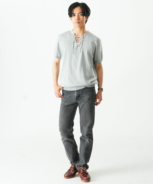 Beno(ビーノ)の「レースアップニットTEE(Tシャツ/カットソー・メンズ・ホワイト/ブラック/グレー・MEDIUM/X-LARGE/LARGE)」の13枚目の写真