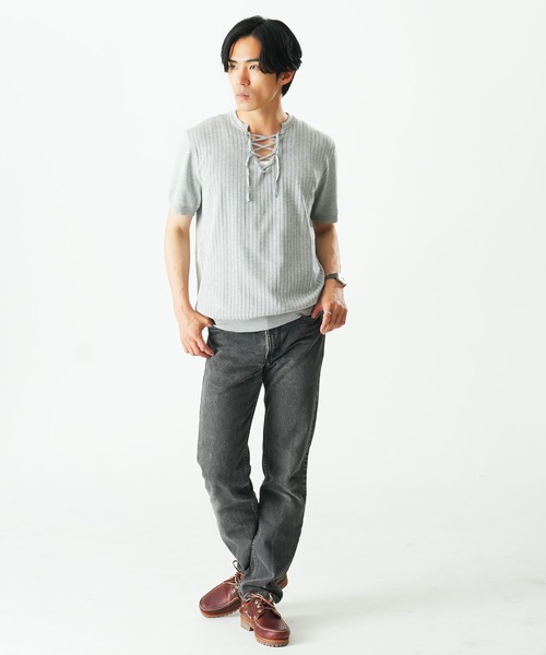 Beno(ビーノ)の「レースアップニットTEE(Tシャツ/カットソー・メンズ・ホワイト/ブラック/グレー・MEDIUM/X-LARGE/LARGE)」の12枚目の写真