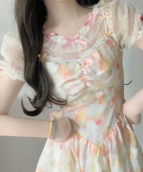 セール】【Y2Kガーリー】レトロリボンシアードットパフスリーブ