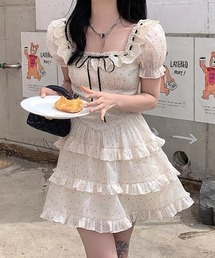 【2026春夏新作】ドット柄 リボンティアードフリル ミニワンピース