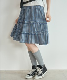 チェックフリルミディSK/Checked Ruffle Midi Skirt
