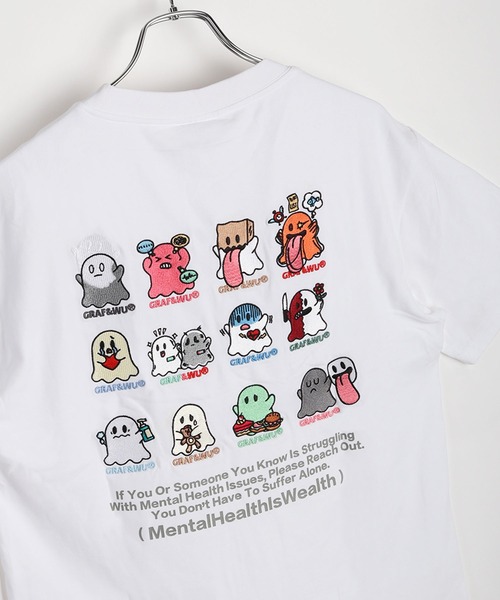 GRAF&WU（グラフアンドユー）の「GRAF&WU グラフアンドウー 12ベロ ゴーストキャラクター 刺繍 オーバーサイズ 半袖Tシャツ 海洋生物 メンタルヘルス（Tシャツ/カットソー・メンズ・ホワイト/ブラック/サックスブルー/オートミール/ブラック系その他・M/L/XL）」の2枚目の写真
