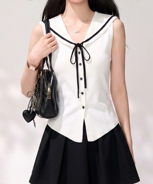 LUCPY(ラクピー)の「セーラーカラーリボンブラウス(シャツ/ブラウス・レディース・ブラック/ホワイト・X-LARGE/LARGE/MEDIUM/SMALL)」の1枚目の写真