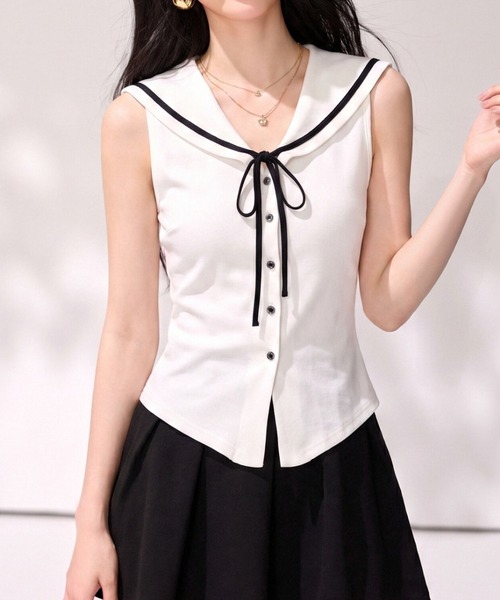LUCPY(ラクピー)の「セーラーカラーリボンブラウス(シャツ/ブラウス・レディース・ブラック/ホワイト・X-LARGE/LARGE/MEDIUM/SMALL)」の3枚目の写真