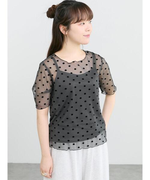 Samansa Mos2(サマンサ モスモス)の「◆フロッキードットプルオーバー&キャミ(Tシャツ/カットソー・レディース・ブラック/チャコールグレー/アイボリー・F)」の4枚目の写真