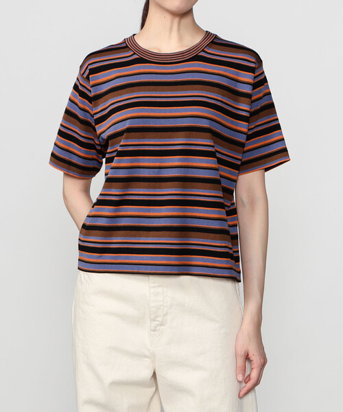 RYE TENDER(ライテンダー)の「RYE TENDER |〈別注〉マルチボーダー 半袖クルーネックニット WOMEN(Tシャツ/カットソー・レディース・ブラウン系その他2/カーキ系1/ブラウン系その他・0)」の2枚目の写真