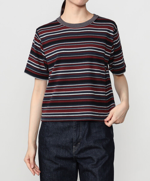 RYE TENDER(ライテンダー)の「RYE TENDER |〈別注〉マルチボーダー 半袖クルーネックニット WOMEN(Tシャツ/カットソー・レディース・ブラウン系その他2/カーキ系1/ブラウン系その他・0)」の1枚目の写真