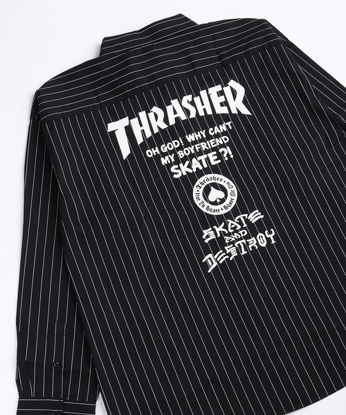 THRASHER（スラッシャー）の「THRASHER スラッシャー ストライプ バックプリント オーバーサイズ 長袖シャツ（シャツ/ブラウス・メンズ・グレー/サックスブルー/ブラック・M/L）」の2枚目の写真