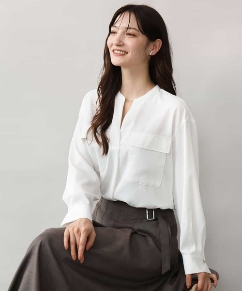 MK MICHEL KLEIN（エムケーミッシェルクラン）の「[UVカット/洗える]パッチポケットデザインブラウス（シャツ/ブラウス・レディース・ホワイト/モカ/ワイン・38）」の19枚目の写真