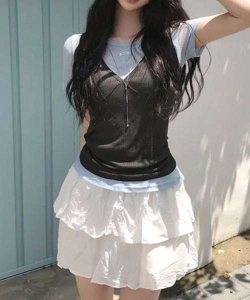 VIVID LADY（ビビッドレディー）の「シアー半袖＆ノースリーブトップス 2点セット（アンサンブル・レディース・グリーン/ミント/ライトブルー・FREE）」の6枚目の写真