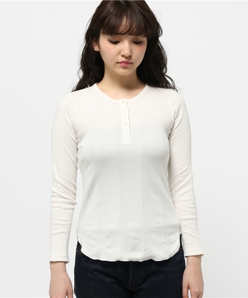 WEGO（ウィゴー）の「DISPARK/テレコヘンリーネックTシャツ（Tシャツ/カットソー・レディース・スミクロ/オフホワイト/杢グレー・FREE）」の4枚目の写真