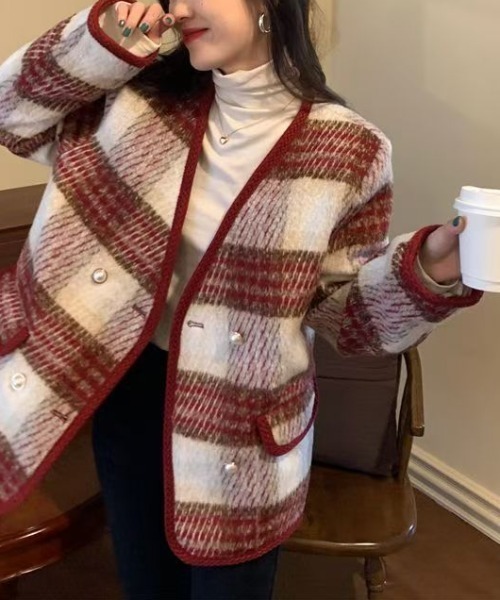 LUCPY(ラクピー)の「チェック柄ノーカラージャケット(その他アウター・レディース・ホワイト/ピンク・MEDIUM/LARGE/X-LARGE/XX-LARGE)」の2枚目の写真