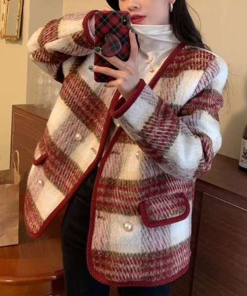 LUCPY(ラクピー)の「チェック柄ノーカラージャケット(その他アウター・レディース・ホワイト/ピンク・MEDIUM/LARGE/X-LARGE/XX-LARGE)」の5枚目の写真