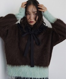 【W:Huku】モヘアシャギー 配色 ニット トップス / Mohair Shaggy Color-Block Knit Top