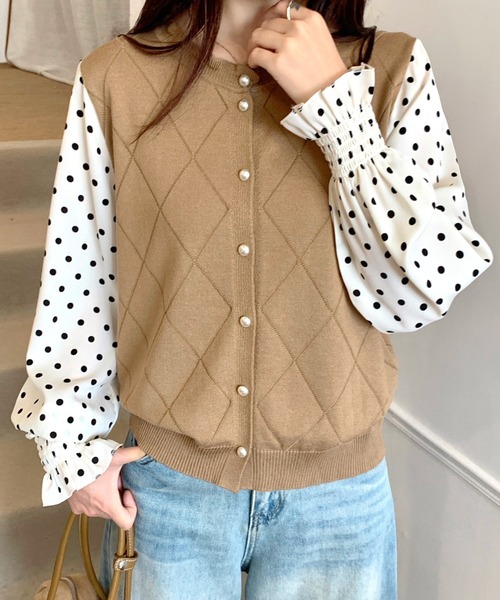 SHEENA(シーナ)の「ドットブラウスドッキングフリルニットトップス(ニット/セーター・レディース・オフホワイト/グレー/ブラック/ベージュ・M)」の1枚目の写真
