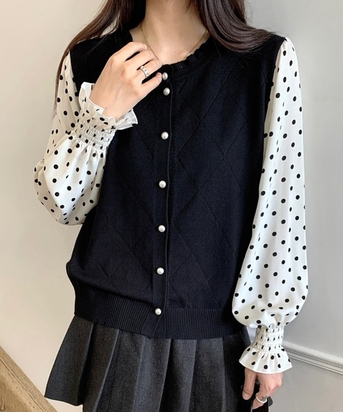SHEENA(シーナ)の「ドットブラウスドッキングフリルニットトップス(ニット/セーター・レディース・オフホワイト/グレー/ブラック/ベージュ・M)」の5枚目の写真