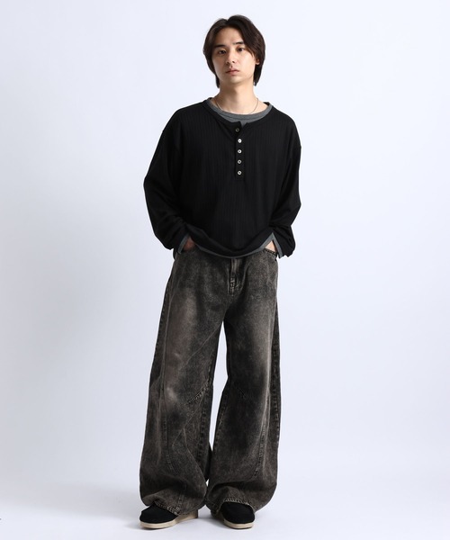RAGEBLUE(レイジブルー)の「FAKE LAYERED HENLEY NECK LONG SLEEVE T-SHIRT/フェイクレイヤードヘンリーネックロンT(Tシャツ/カットソー・メンズ・ブラック/ブラウン/グレー・MEDIUM/LARGE)」の12枚目の写真