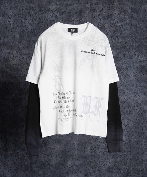1111clothing(ワンフォークロージング)の「トライバル柄 レイヤードロンTee / Tribal Graphic Layered Long Sleeve T-Shirt(Tシャツ/カットソー・メンズ・ホワイト/ブラック・L/M)」の4枚目の写真