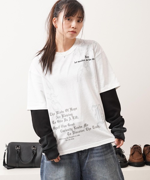 1111clothing(ワンフォークロージング)の「トライバル柄 レイヤードロンTee / Tribal Graphic Layered Long Sleeve T-Shirt(Tシャツ/カットソー・メンズ・ホワイト/ブラック・L/M)」の6枚目の写真