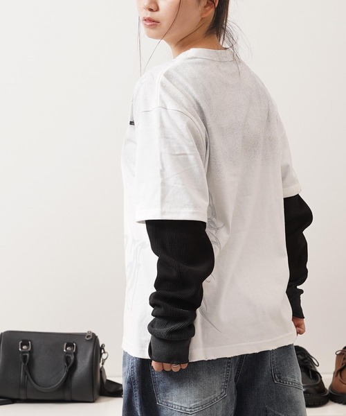 1111clothing(ワンフォークロージング)の「トライバル柄 レイヤードロンTee / Tribal Graphic Layered Long Sleeve T-Shirt(Tシャツ/カットソー・メンズ・ホワイト/ブラック・L/M)」の9枚目の写真