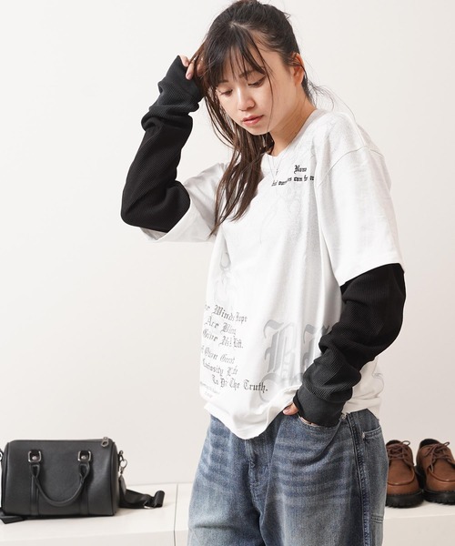1111clothing(ワンフォークロージング)の「トライバル柄 レイヤードロンTee / Tribal Graphic Layered Long Sleeve T-Shirt(Tシャツ/カットソー・メンズ・ホワイト/ブラック・L/M)」の10枚目の写真