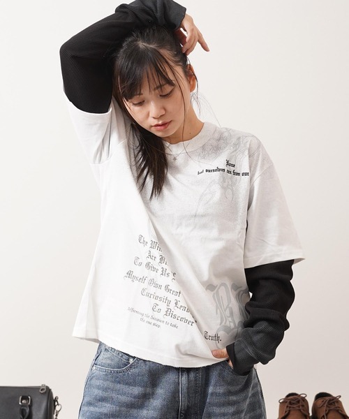 1111clothing(ワンフォークロージング)の「トライバル柄 レイヤードロンTee / Tribal Graphic Layered Long Sleeve T-Shirt(Tシャツ/カットソー・メンズ・ホワイト/ブラック・L/M)」の12枚目の写真