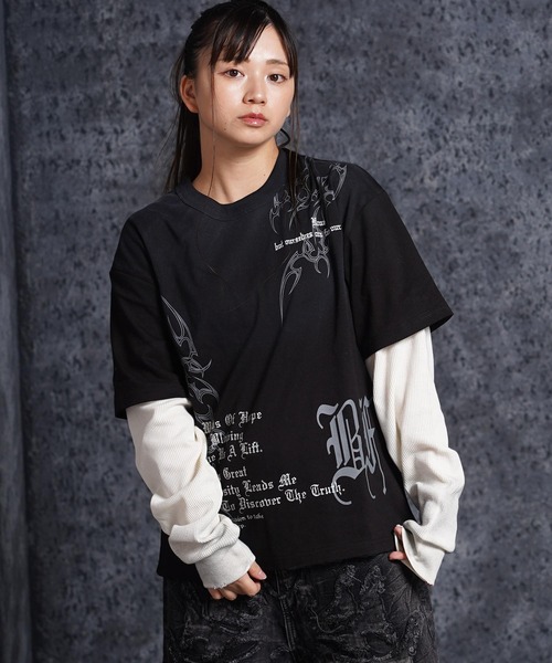 1111clothing(ワンフォークロージング)の「トライバル柄 レイヤードロンTee / Tribal Graphic Layered Long Sleeve T-Shirt(Tシャツ/カットソー・メンズ・ホワイト/ブラック・L/M)」の22枚目の写真