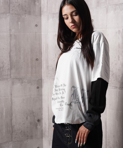 1111clothing(ワンフォークロージング)の「トライバル柄 レイヤードロンTee / Tribal Graphic Layered Long Sleeve T-Shirt(Tシャツ/カットソー・メンズ・ホワイト/ブラック・L/M)」の14枚目の写真