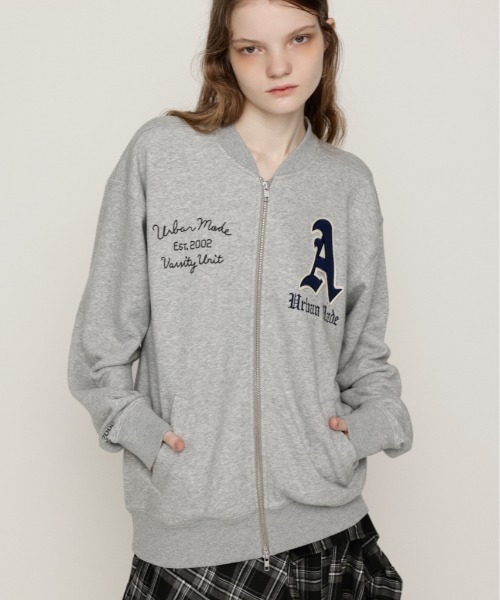 SLY(スライ)の「PATCHED ZIP UP JACKET パッチドジップアップジャケット パーカー 秋服 冬服(ブルゾン・レディース・ネイビー/杢グレー/ライトピンク・1/2)」の1枚目の写真