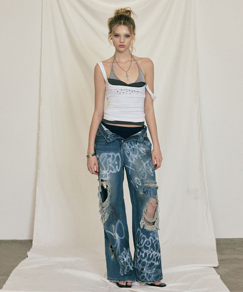 NO EXTRA TOUCH(ノー・エクストラ・タッチ)の「Hand-painted distressed denim pants (blue) / 26SMPT001BL(デニムパンツ・レディース・ブルー・LARGE/SMALL/MEDIUM)」の6枚目の写真