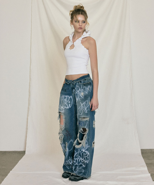 NO EXTRA TOUCH(ノー・エクストラ・タッチ)の「Hand-painted distressed denim pants (blue) / 26SMPT001BL(デニムパンツ・レディース・ブルー・LARGE/SMALL/MEDIUM)」の7枚目の写真