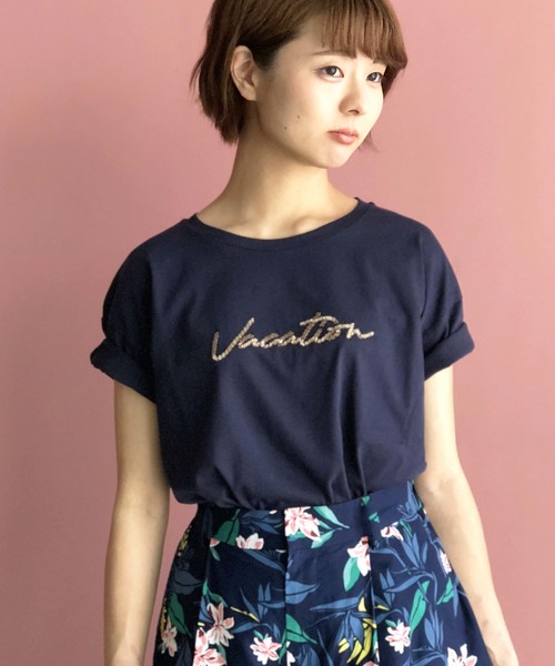 PICCIN(ピッチン)の「ロゴビーズ刺繍Tシャツ(Tシャツ/カットソー・レディース・ネイビー/オフホワイト/ピンク・MEDIUM)」の3枚目の写真