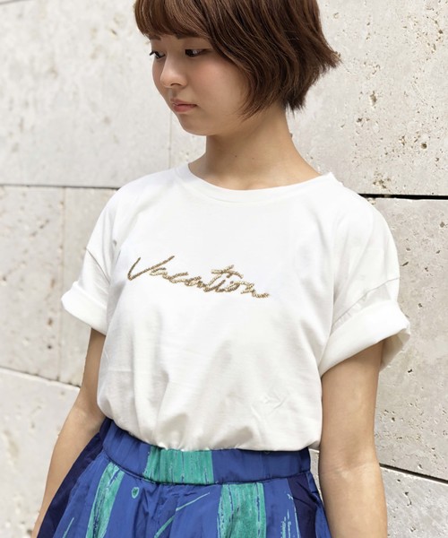 PICCIN(ピッチン)の「ロゴビーズ刺繍Tシャツ(Tシャツ/カットソー・レディース・ネイビー/オフホワイト/ピンク・MEDIUM)」の2枚目の写真