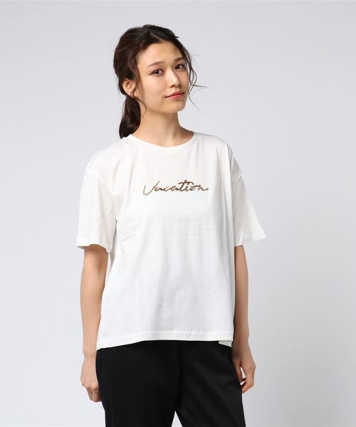 PICCIN(ピッチン)の「ロゴビーズ刺繍Tシャツ(Tシャツ/カットソー・レディース・ネイビー/オフホワイト/ピンク・MEDIUM)」の6枚目の写真