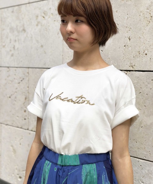 PICCIN(ピッチン)の「ロゴビーズ刺繍Tシャツ(Tシャツ/カットソー・レディース・ネイビー/オフホワイト/ピンク・MEDIUM)」の9枚目の写真