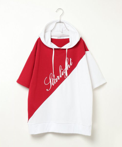 VENCEEXCHANGE（ヴァンスエクスチェンジ）の「ミニ裏毛斜め切り替え半袖パーカー（パーカー・メンズ・ホワイト/ブラック/レッド・M/L）」の3枚目の写真