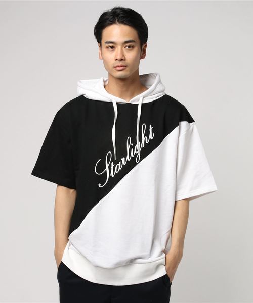 VENCEEXCHANGE（ヴァンスエクスチェンジ）の「ミニ裏毛斜め切り替え半袖パーカー（パーカー・メンズ・ホワイト/ブラック/レッド・M/L）」の4枚目の写真