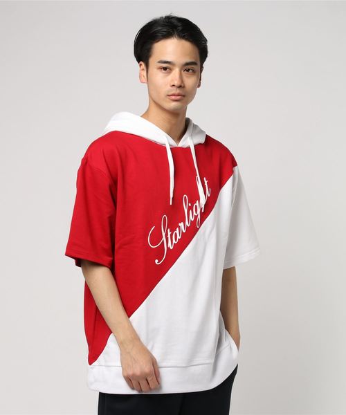 VENCEEXCHANGE（ヴァンスエクスチェンジ）の「ミニ裏毛斜め切り替え半袖パーカー（パーカー・メンズ・ホワイト/ブラック/レッド・M/L）」の5枚目の写真