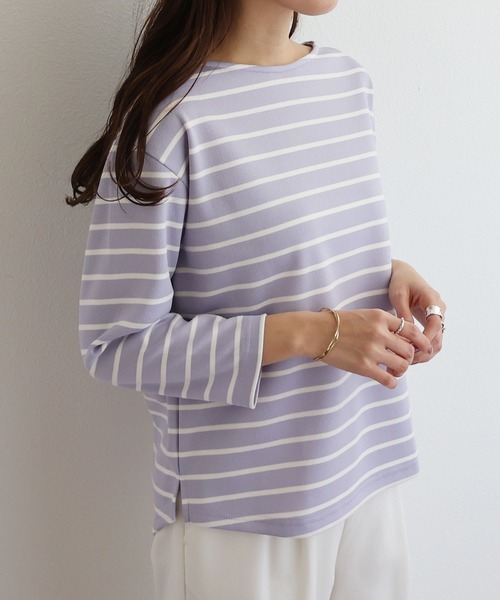 andme(アンドミー)の「ポンチ長袖ボートネックトップス(Tシャツ/カットソー・レディース・ブラック/オフホワイト/ライトベージュ/ネイビー/グレー系その他/ホワイト×ブラック/ベージュ系その他/ラベンダー/パープル系その他/ピンク/ホワイト系その他・M/L)」の10枚目の写真