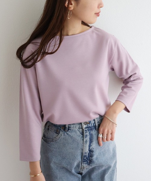 andme(アンドミー)の「ポンチ長袖ボートネックトップス(Tシャツ/カットソー・レディース・ブラック/オフホワイト/ライトベージュ/ネイビー/グレー系その他/ホワイト×ブラック/ベージュ系その他/ラベンダー/パープル系その他/ピンク/ホワイト系その他・M/L)」の11枚目の写真