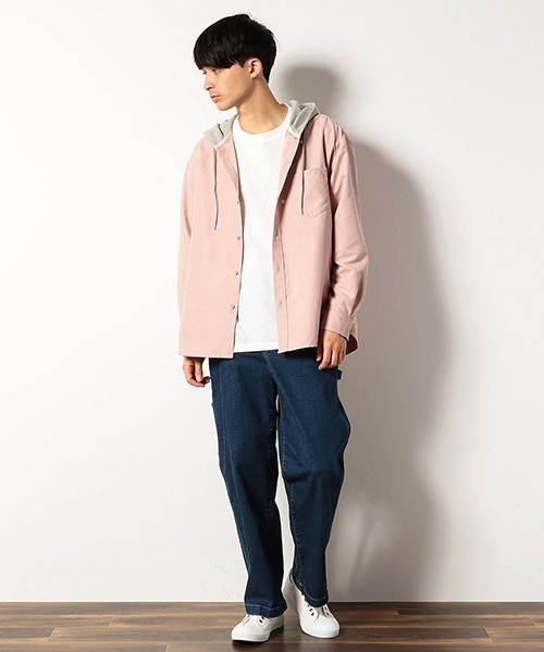 Purple&Yellow（パープルアンドイエロー）の「裏毛フード　シャツ（シャツ/ブラウス・メンズ・ホワイト/ベージュ/ピンク・LARGE/SMALL/MEDIUM）」の4枚目の写真